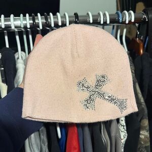 Vintage Y2K Rhinestone Cross Beanie Pink OS